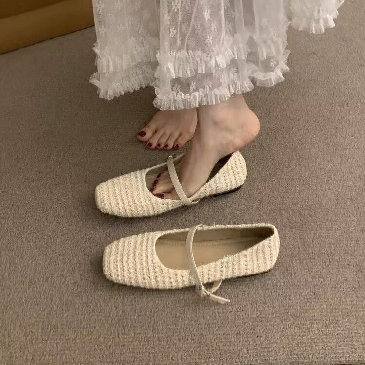 Braided Flat Ballet Shoes Square Toe Mary Jane Shoe Women Comfy Breathable Summer Casual Retro Skeleton Balleting Shoes 240921