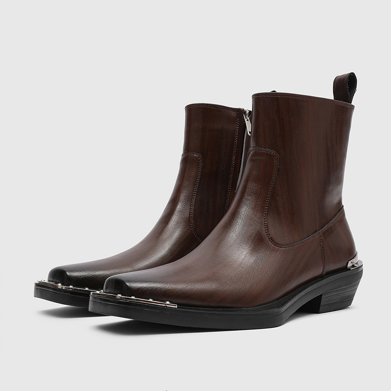 Men Black Leather Ankle Boots With Metal Toe Cap And Cuban Heel Daily Outfit - view 7