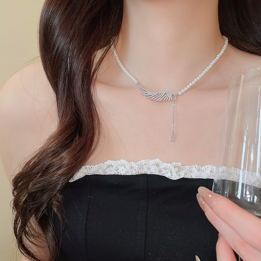 Zircon pearl beaded wing and water drop pendant necklace, new fashion versatile collarbone chain, light luxury high-end accessory - view 5