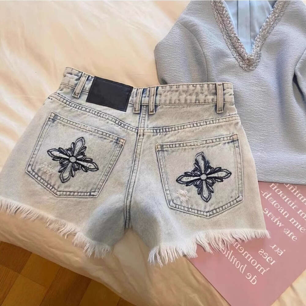 Designer 2026 Distressed Luxury Washed Embroidered Raw Edge Denim Shorts For Women, Summer New High-waisted Straight-leg Sweet Cool Girl A-line Hot Pa
