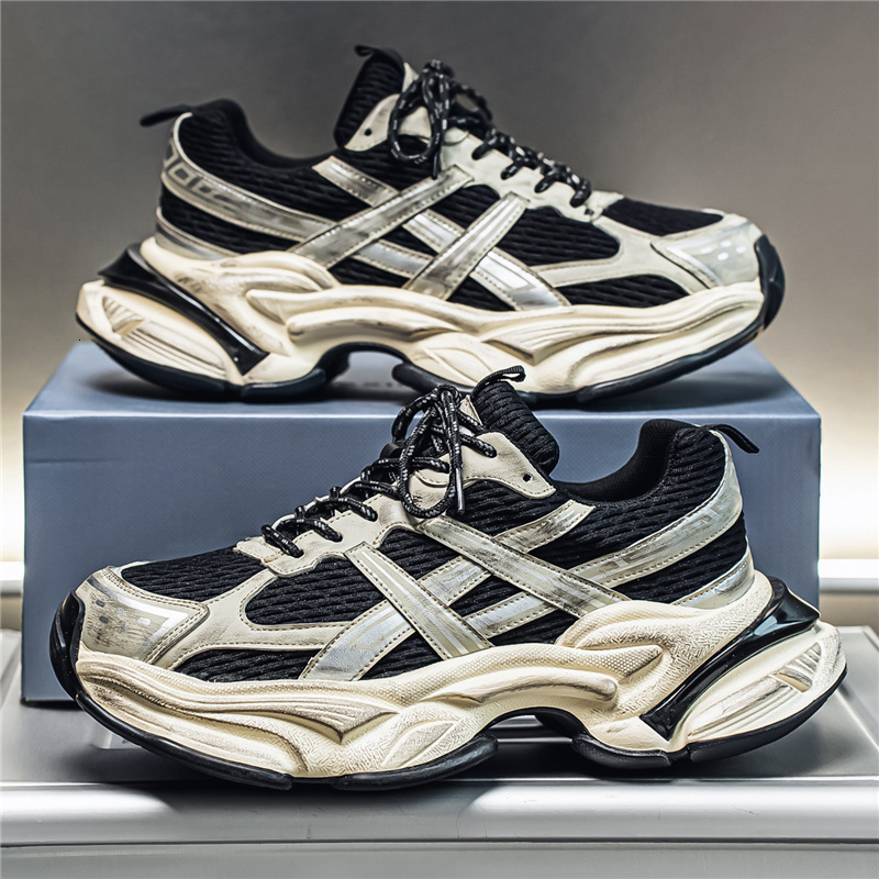 Mens Black Silver Chunky Dad Sneakers With Distressed Finish