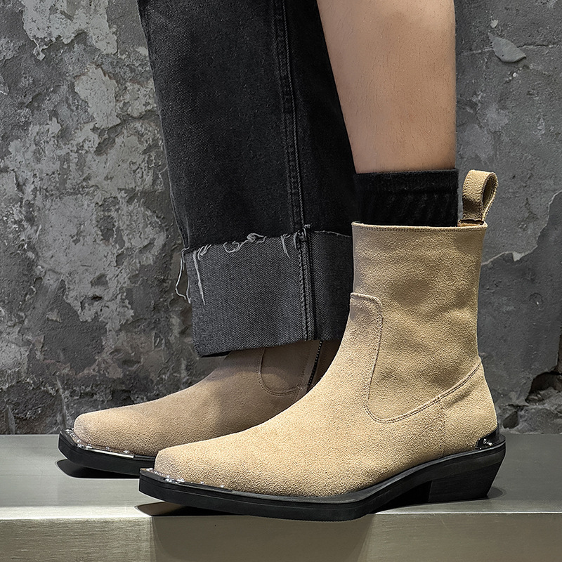 Men Black Leather Ankle Boots With Metal Toe Cap And Cuban Heel Daily Outfit - view 4