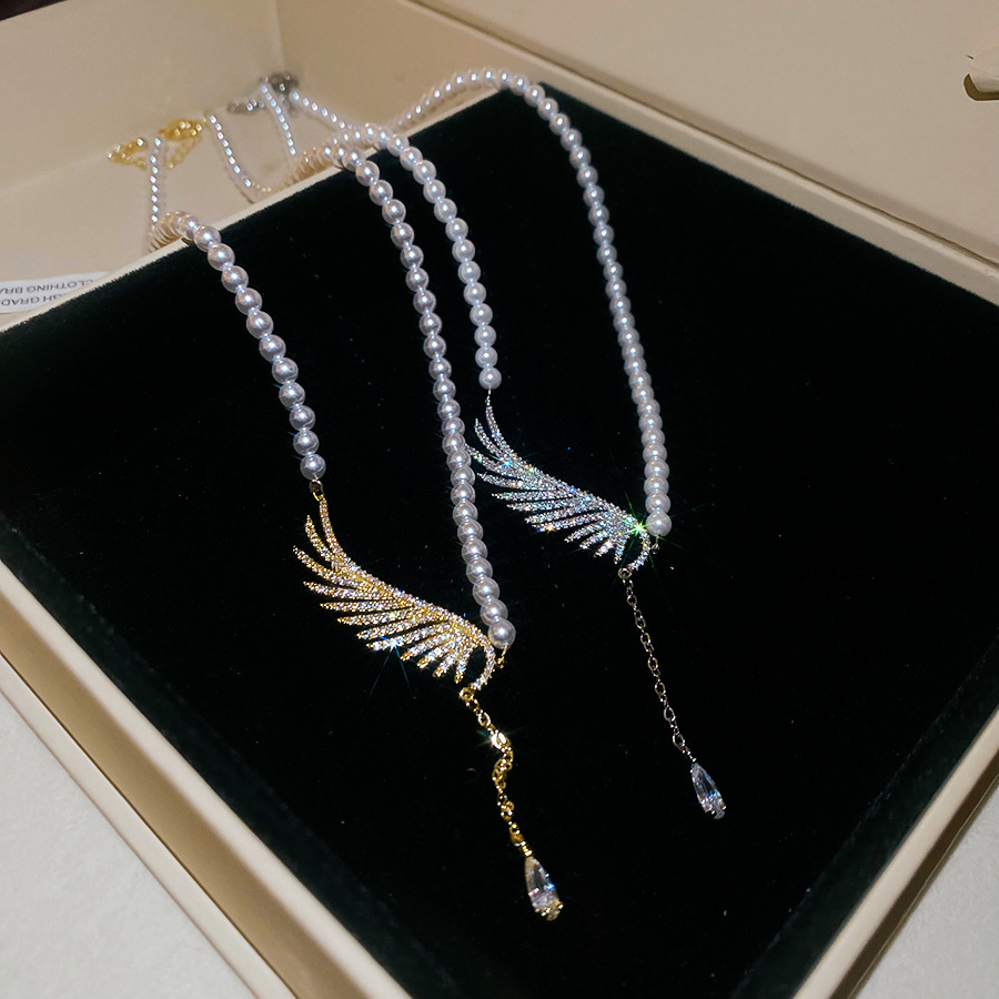 Zircon pearl beaded wing and water drop pendant necklace, new fashion versatile collarbone chain, light luxury high-end accessory - view 9