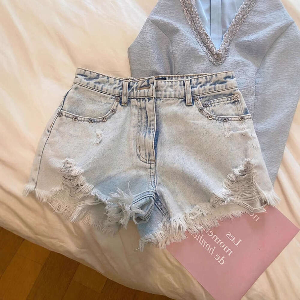Designer 2026 Distressed Luxury Washed Embroidered Raw Edge Denim Shorts For Women, Summer New High-waisted Straight-leg Sweet Cool Girl A-line Hot Pa