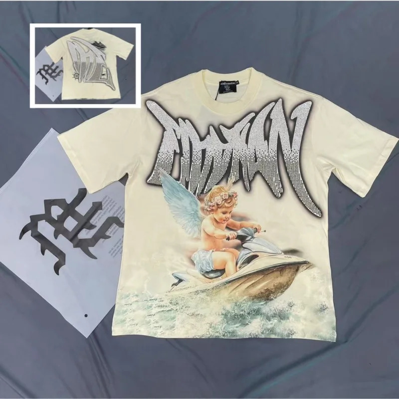 Mixed Emotion Embroidery Rhinestone American Streetwear Trendy Couple Angel Print Diamond Top Tee Men Clothing 260507