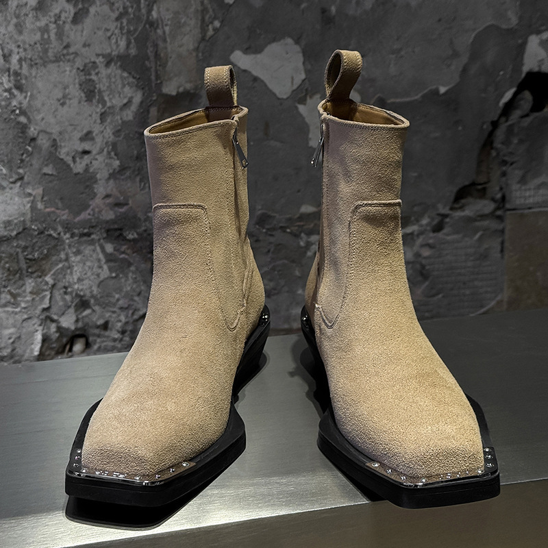 Men Black Leather Ankle Boots With Metal Toe Cap And Cuban Heel Daily Outfit