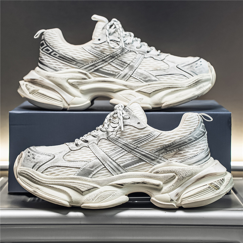 Mens Black Silver Chunky Dad Sneakers With Distressed Finish