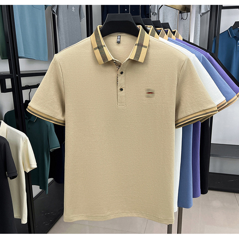 Men's Plaid Collar Polo Shirt Embroidered Outdoor Breathable Short Sleeve Top Business Casual Button-Up Shirt for Office Daily Wear Semi-Formal O