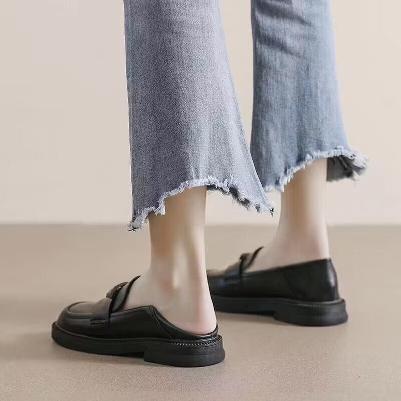 Womens Black Leather Loafers With Triangle Metal Logo And Chunky Sole