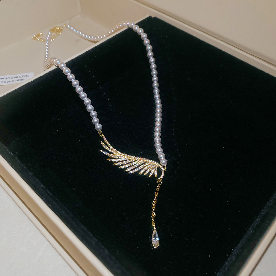Zircon pearl beaded wing and water drop pendant necklace, new fashion versatile collarbone chain, light luxury high-end accessory - view 8