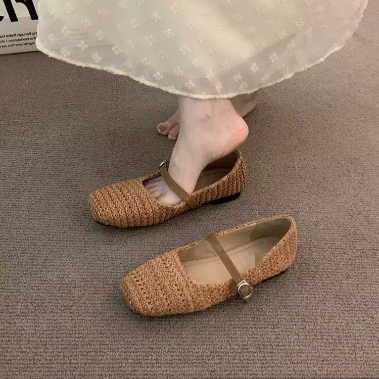 Braided Flat Ballet Shoes Square Toe Mary Jane Shoe Women Comfy Breathable Summer Casual Retro Skeleton Balleting Shoes 240921