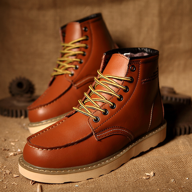 Mens Tan Leather Moc Toe Work Boots With Contrast Laces
