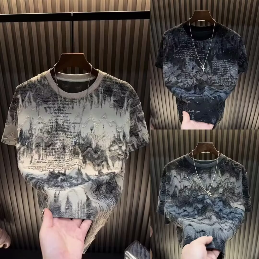 Summer new trendy brand retro American gypsy tie-dye round neck short-sleeved men's T-shirt light luxury ripped versatile half-sleeve bottoming s