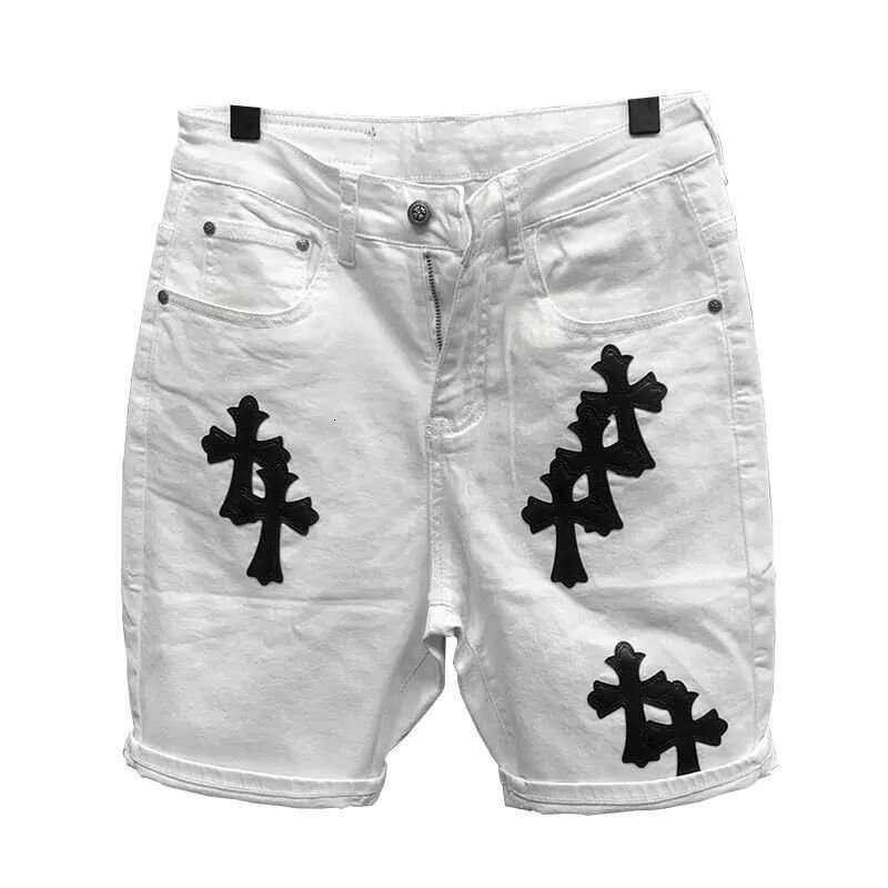 Designer 2026 Luxury Summer Trendy Brand Cross-pattern Leather Patchwork Denim For Young Men, New Slim Straight Elastic 5-point Shorts Free Shipping