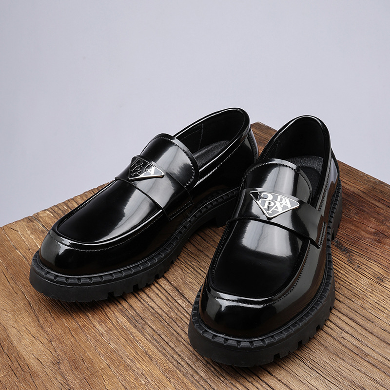 Mens Black Patent Leather Loafers With Triangle Logo Breathable And Chunky Sole