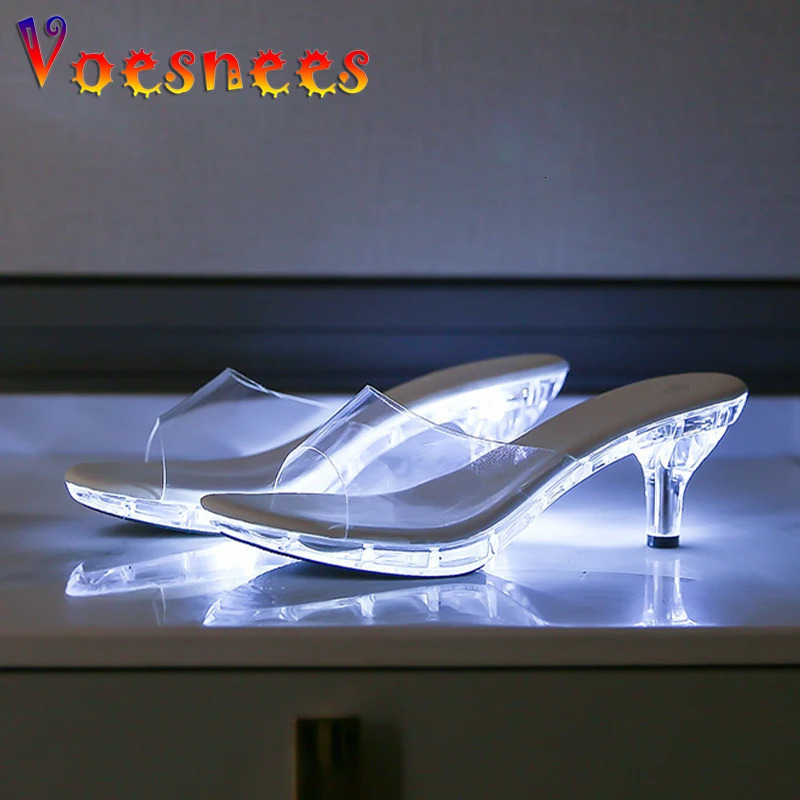 6CM Womens Kitten Heels Slides LED Light Sandals Nightclub Slim Heel Transparent Crystal Outside Slippers Tourist Beach Shoes 260507