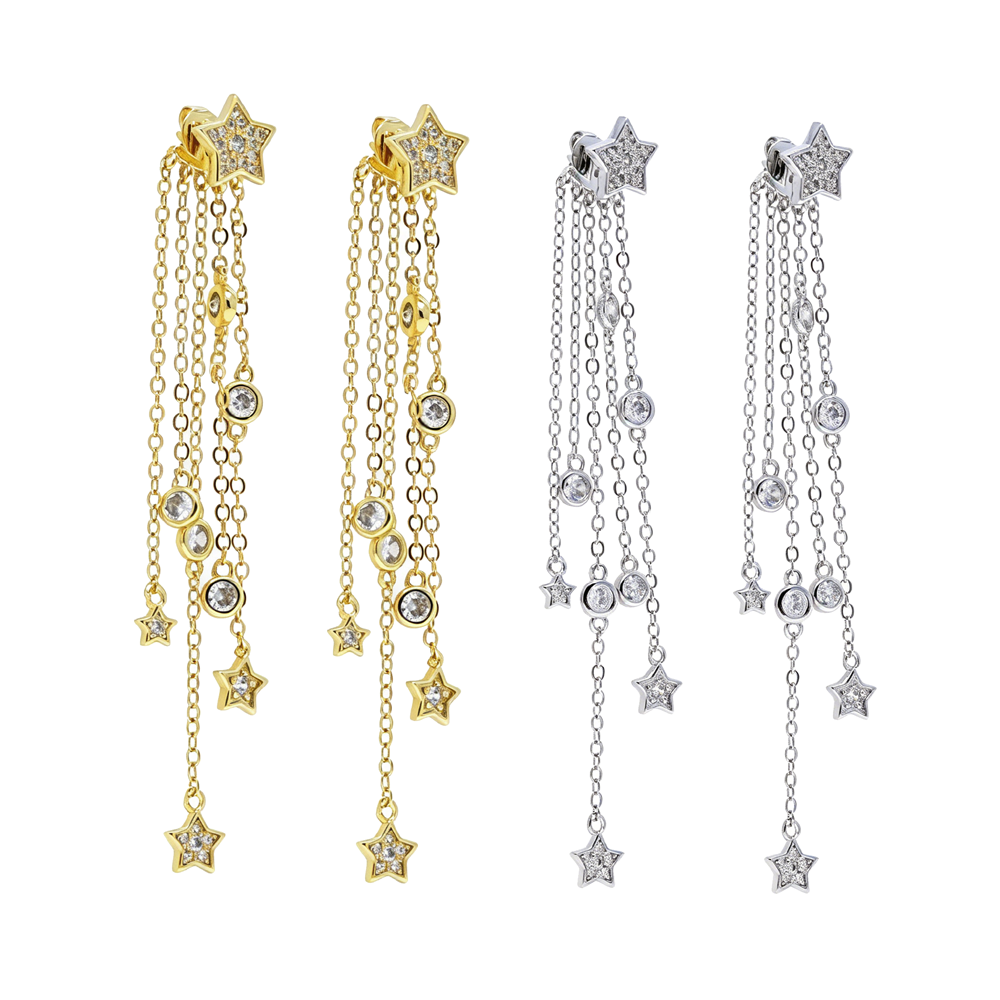 2026 New Arrivals Long Link Chain Tassels Dangle Star Earring Sparking Clear CZ Cubic Zirconia For Women Charm Wedding Jewelry