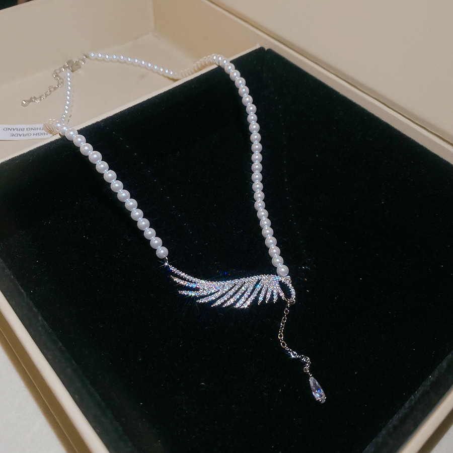 Zircon pearl beaded wing and water drop pendant necklace, new fashion versatile collarbone chain, light luxury high-end accessory - view 7