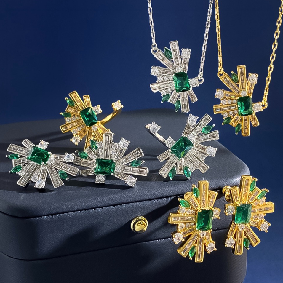 Necklace Necklace for Women Geometric Half Fan Emerald Zircon Diamond Jewelry Set Earrings Necklace Ring Luxury Jewlery Designer for Women Elegant Gift