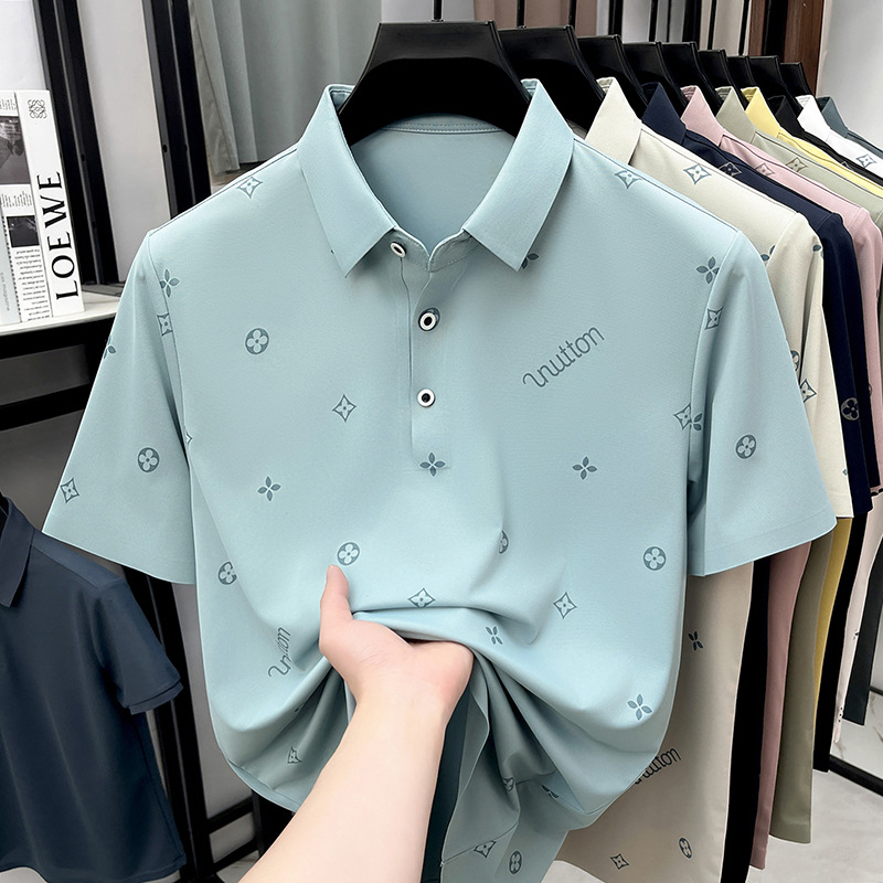 Men's Polo Summer Seamless Ice Silk Short-sleeved Men's Polo Shirt with Turn-down Collar Casual Print Wrinkle free Top T-shirt