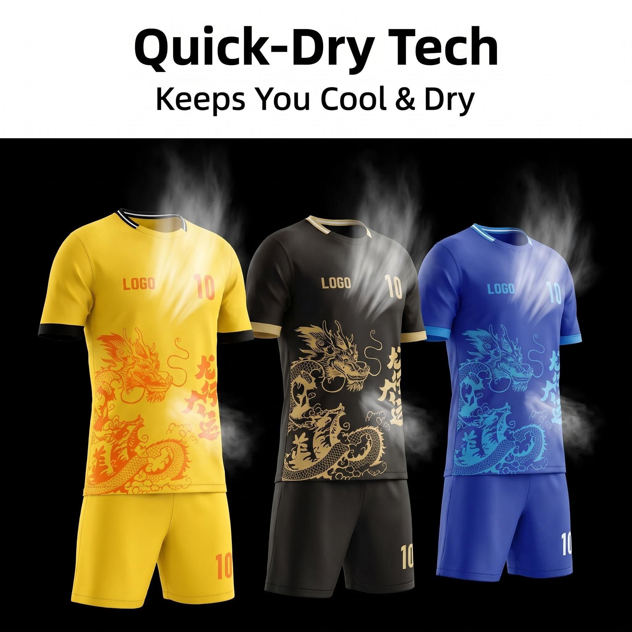 Yellow Chinese Dragon Pattern Soccer Jersey Shorts Set Custom Name Number Breathable Quick Dry Football Training Uniform For Men Boys - view 3