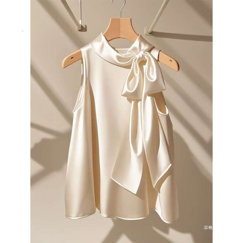 Designer 2026 French Champagne White Satin Halter Neck Top For Women, Summer Luxury New Loose Bowknot Shirt, Stylish Youthful Thin Blouse Free Shippin