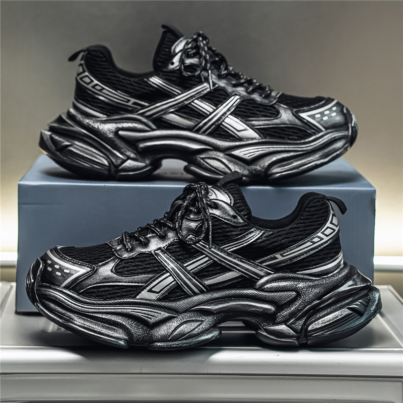 Mens Black Silver Chunky Dad Sneakers With Distressed Finish