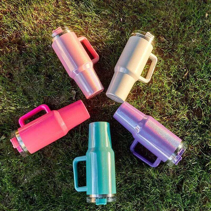 40oz Glitter Shimmer Holographic Tumbler Insulated Mug with Handle for Car Blank Sublimation Rainbow Cup 26L0507 - view 6