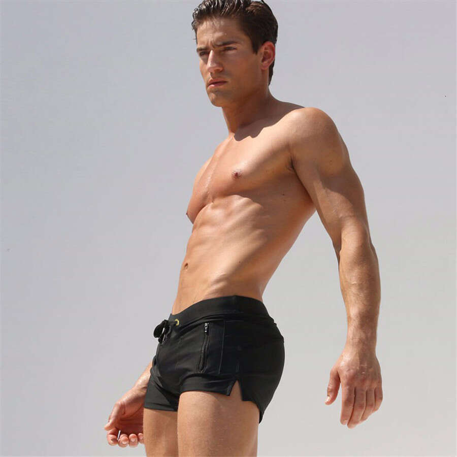 New European and American Style Men's Swim Trunks Boxer Quick-Dry Beach Shorts Men's Swimwear Vertical Pocket Swim Trunks Export