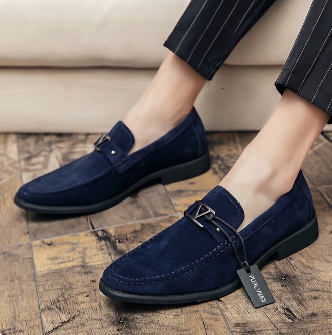 Mens Navy Blue Suede Loafers With Metal Buckle Detail
