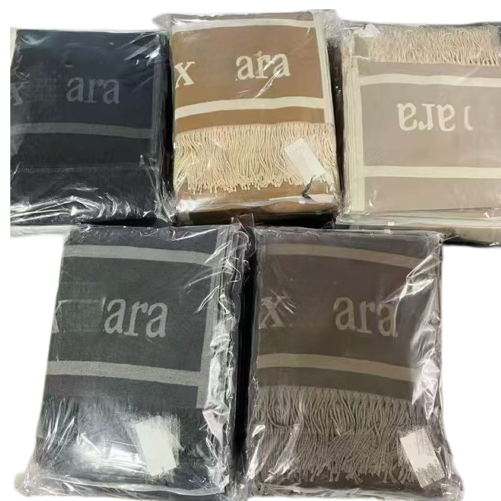 Vintage-Inspired Womens Oversized Fleece Scarf with Letters & Fringe for Autumn-Winter Season