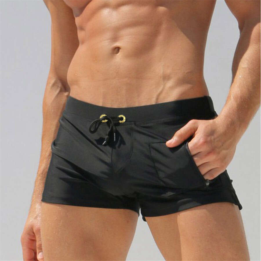 New European and American Style Men's Swim Trunks Boxer Quick-Dry Beach Shorts Men's Swimwear Vertical Pocket Swim Trunks Export