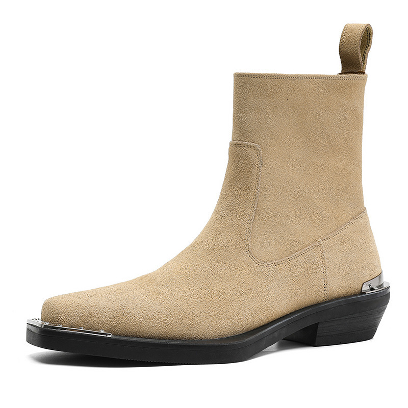 Men Black Leather Ankle Boots With Metal Toe Cap And Cuban Heel Daily Outfit - view 5
