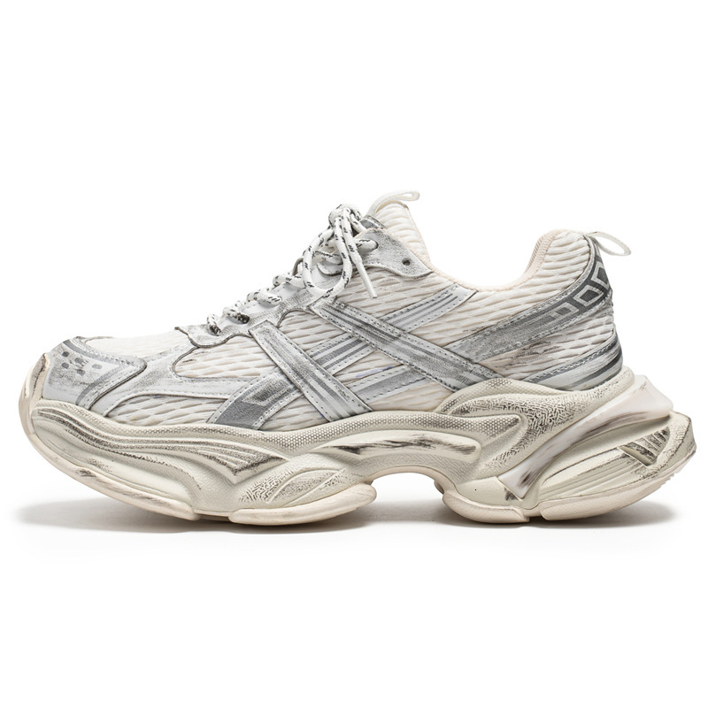 Mens Black Silver Chunky Dad Sneakers With Distressed Finish