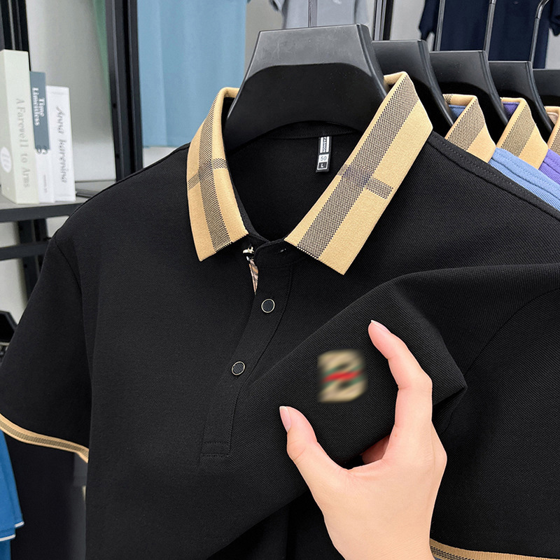 Men's Plaid Collar Polo Shirt Embroidered Outdoor Breathable Short Sleeve Top Business Casual Button-Up Shirt for Office Daily Wear Semi-Formal O