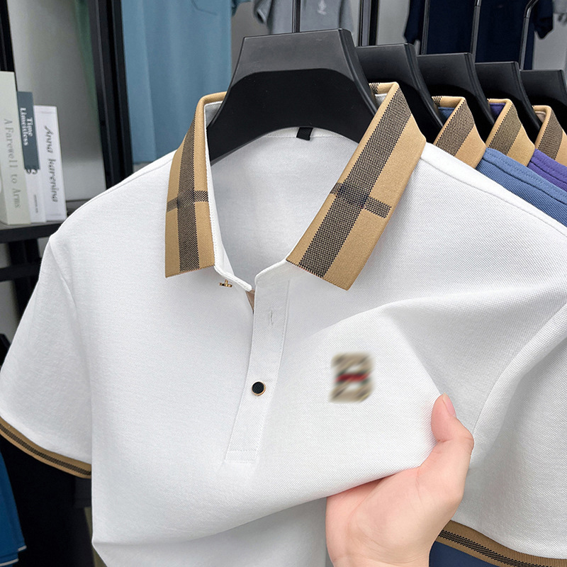 Men's Plaid Collar Polo Shirt Embroidered Outdoor Breathable Short Sleeve Top Business Casual Button-Up Shirt for Office Daily Wear Semi-Formal O