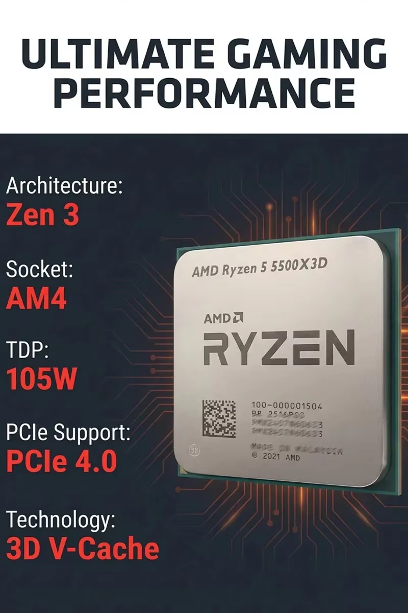 AMD Ryzen 5 5500X3D 6-Core, 12-Thread Desktop Processor - 3D V-Cache Tech, Up to 4.2 GHz, Socket AM4 - High-Performance Gaming