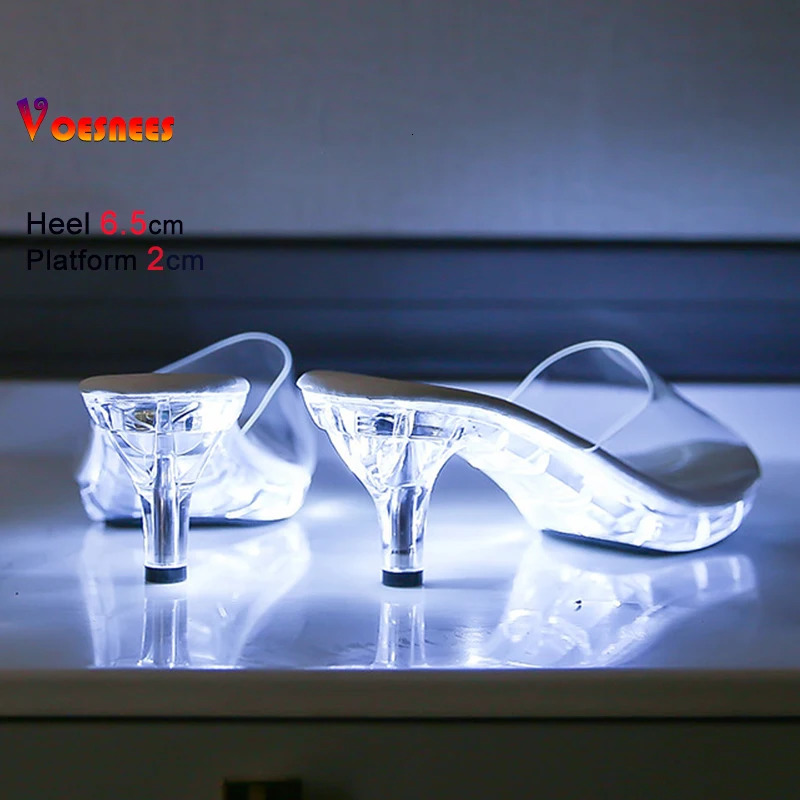 6CM Womens Kitten Heels Slides LED Light Sandals Nightclub Slim Heel Transparent Crystal Outside Slippers Tourist Beach Shoes 260507