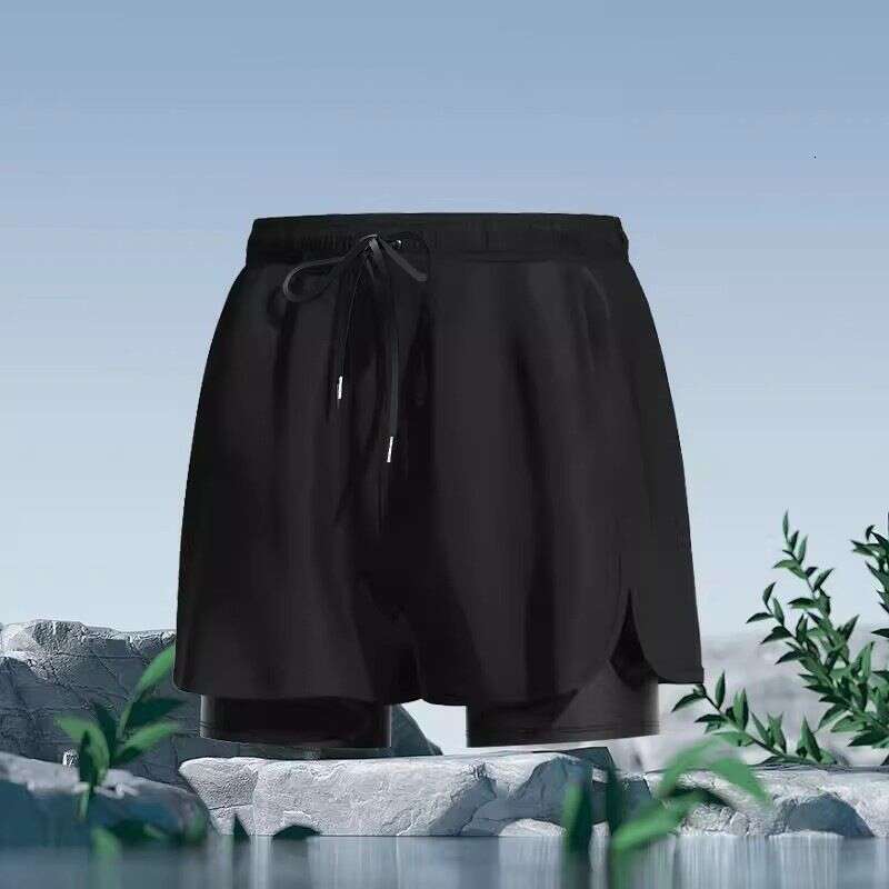 Double Layer Swimming Trunks for Men, Anti-Embarrassment, Three-Quarter Length, Adult Quick-Dry, Breathable, Elastic, Loose Fit, Swimming Sports Beach