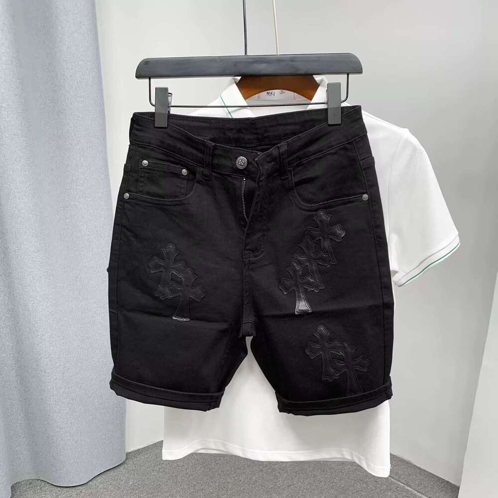 Designer 2026 Luxury Summer Trendy Brand Cross-pattern Leather Patchwork Denim For Young Men, New Slim Straight Elastic 5-point Shorts Free Shipping