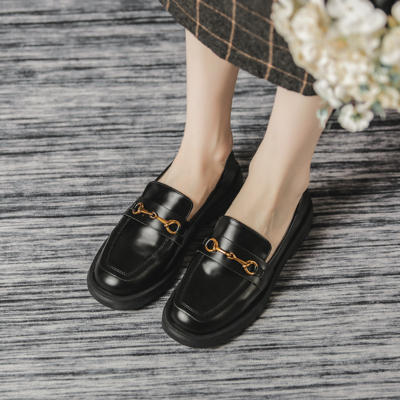 Womens Black Slip On Loafers With Vintage Gold Hardware