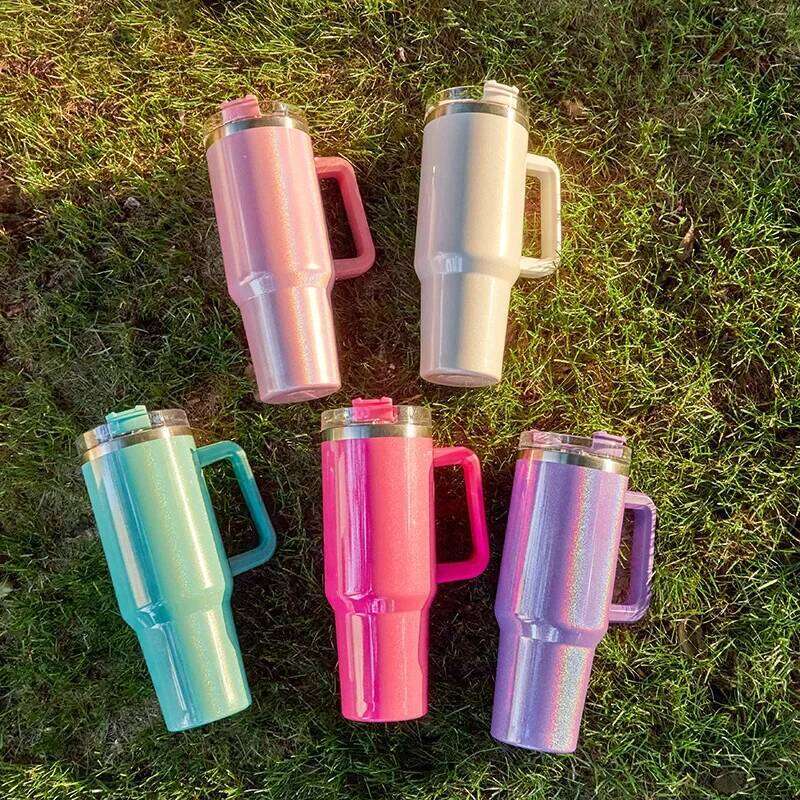 40oz Glitter Shimmer Holographic Tumbler Insulated Mug with Handle for Car Blank Sublimation Rainbow Cup 26L0507 - view 5