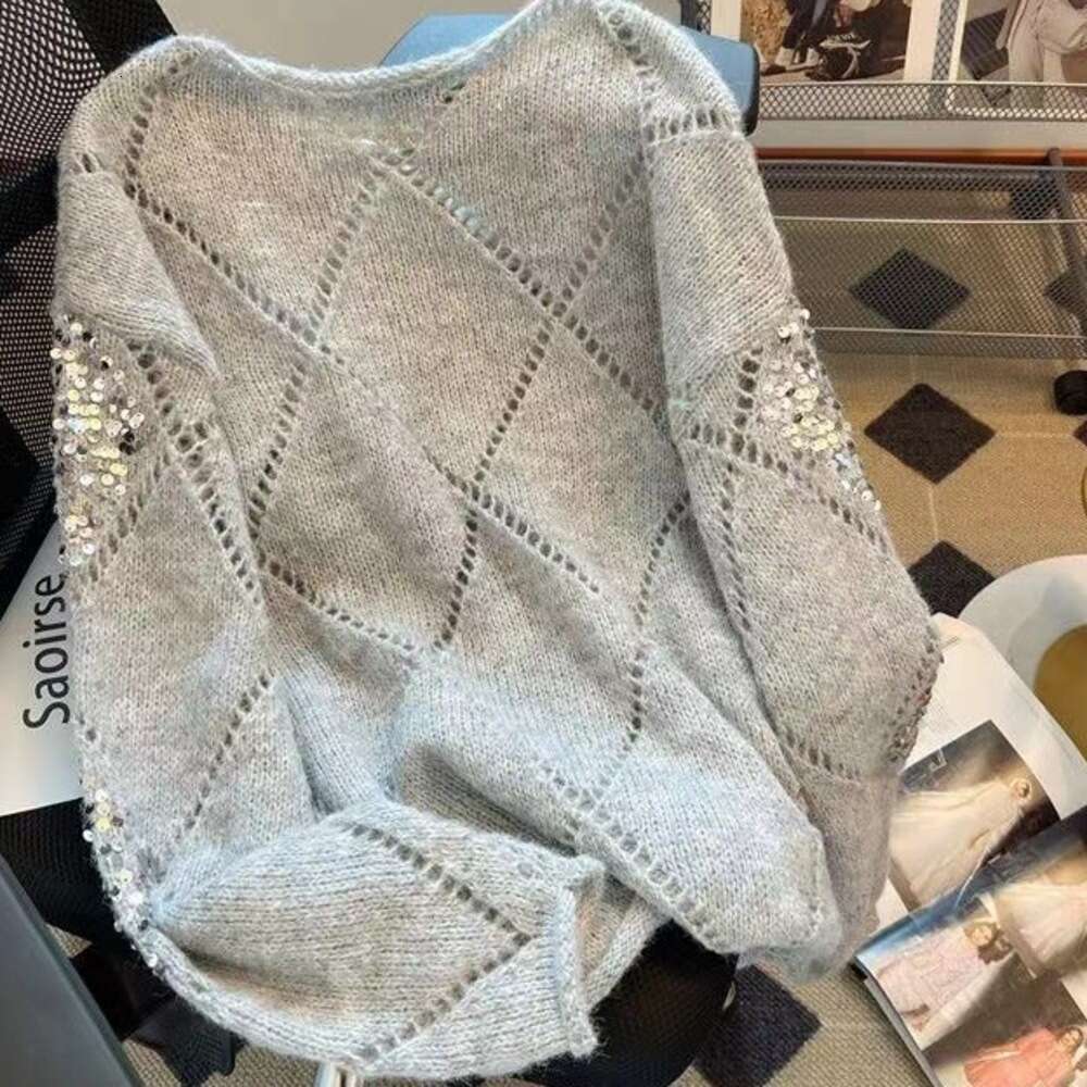 Women's New Hollow-Out Knit Sequins, Loose And Casual Style, Thin Sweater With Spliced Long Sleeves, Trendy Top - view 5