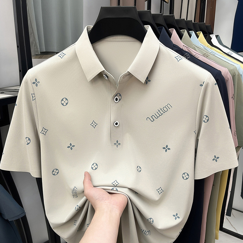 Men's Polo Summer Seamless Ice Silk Short-sleeved Men's Polo Shirt with Turn-down Collar Casual Print Wrinkle free Top T-shirt
