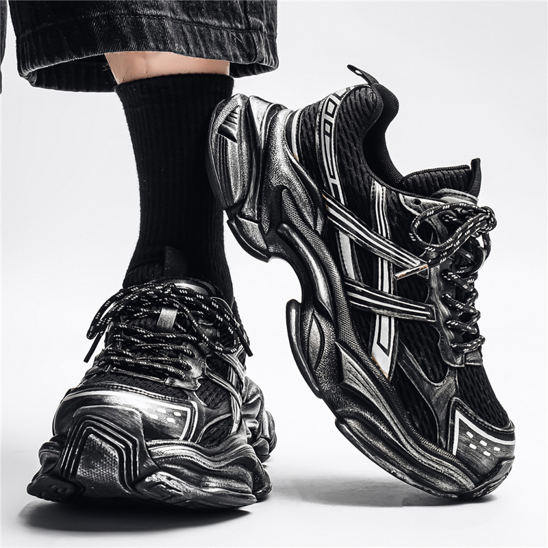 Mens Black Silver Chunky Dad Sneakers With Distressed Finish