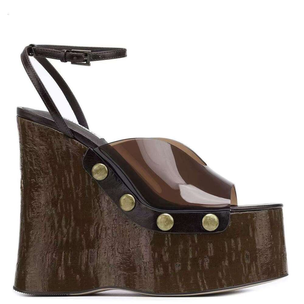 High Heel For Women New Model Export Thick Sole Wood Grain Waterproof Platform Metal Stud Buckle Sandals