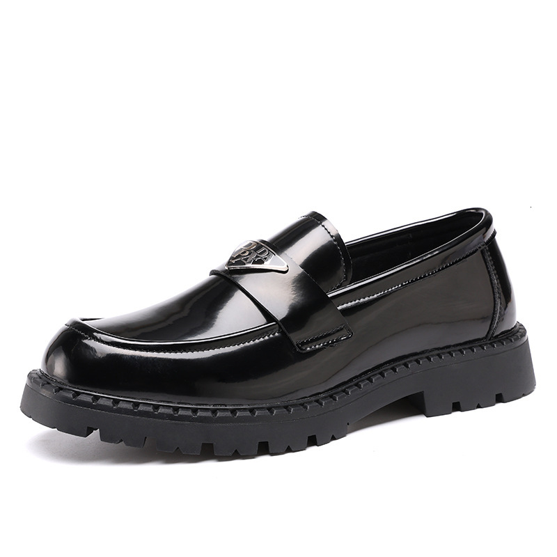 Mens Black Patent Leather Loafers With Triangle Logo Breathable And Chunky Sole