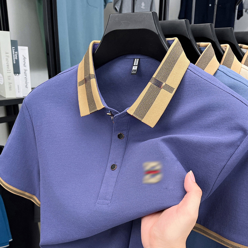 Men's Plaid Collar Polo Shirt Embroidered Outdoor Breathable Short Sleeve Top Business Casual Button-Up Shirt for Office Daily Wear Semi-Formal O