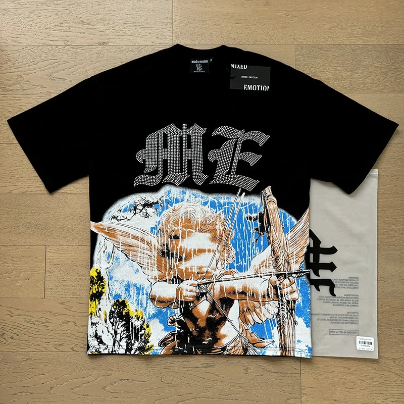 Mixed Emotion Embroidery Rhinestone American Streetwear Trendy Couple Angel Print Diamond Top Tee Men Clothing 260507