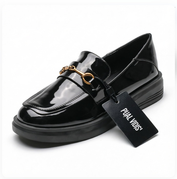 Womens Black Slip On Loafers With Vintage Gold Hardware